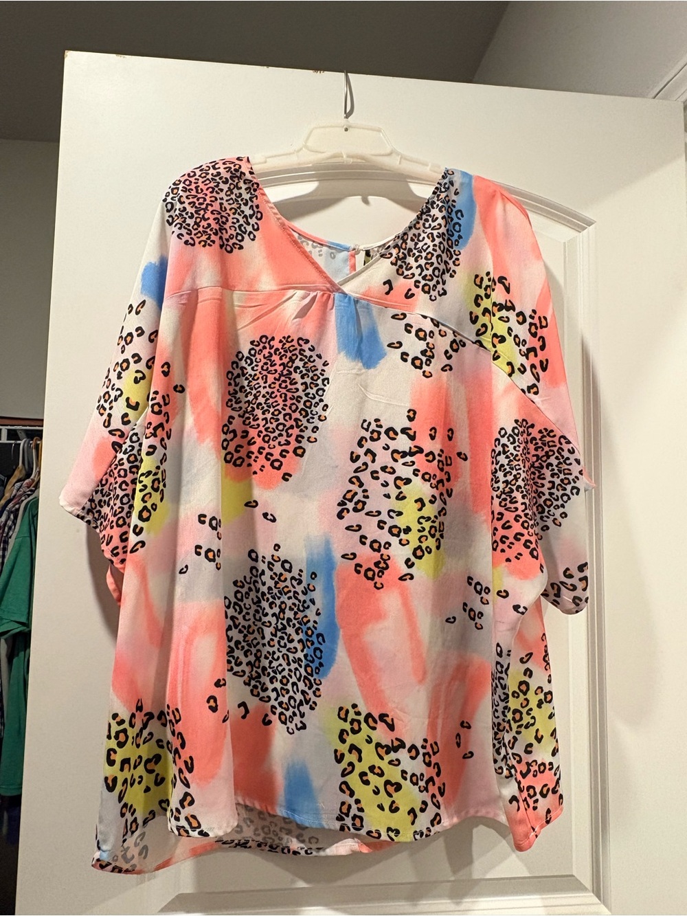 Colorblock Leopard Print V-Neck Blouse - Coral, Blue & Lime